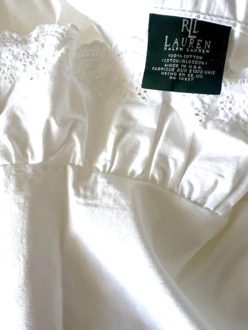 LAUREN RALPH LAUREN KING Flat Sheet Bromley White Ruffled Eyelet 100% Cotton USA